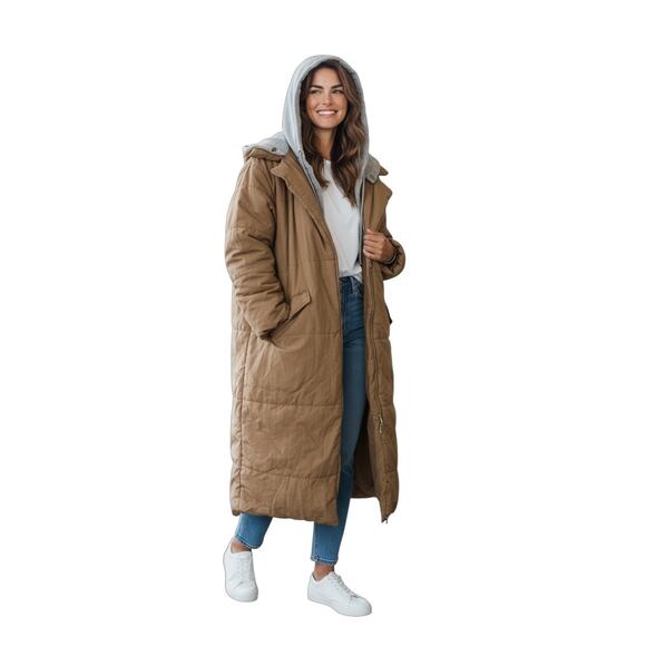 BLANKNYC Tan Oversized Quilted Longline Puffer Coat Snap Front Pockets XS - Picture 1 of 11